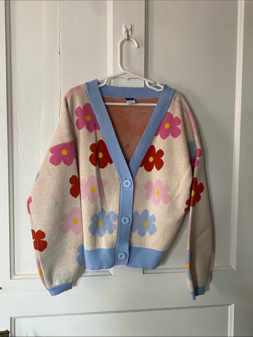 Cream Floral Cardigan with Blue Trim